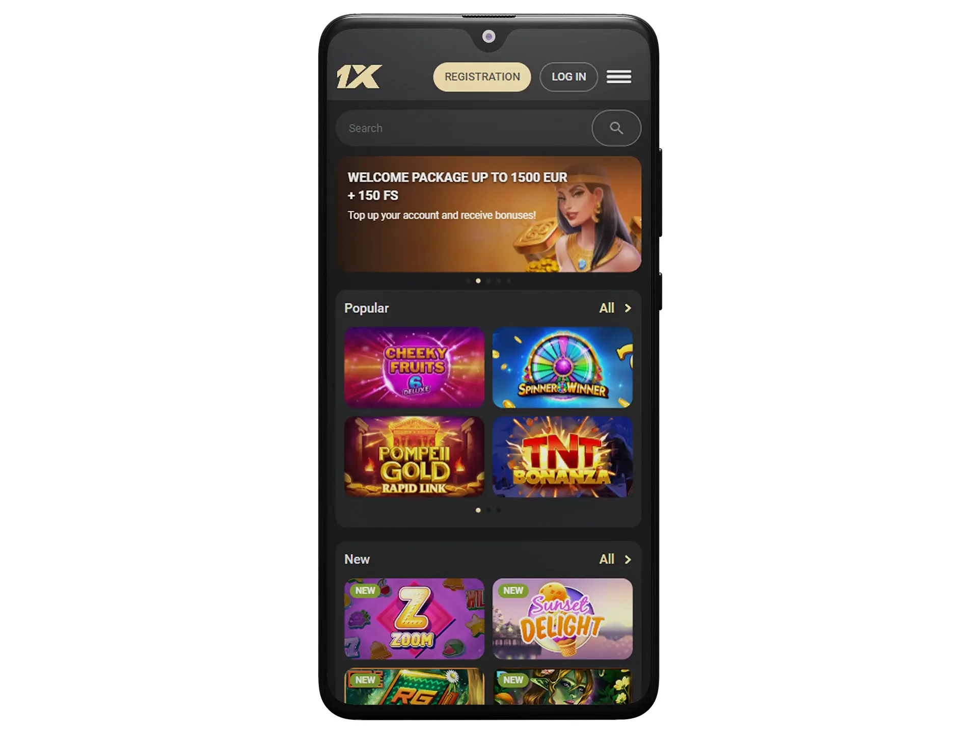 1xSlots Mobile Casino, Homepage